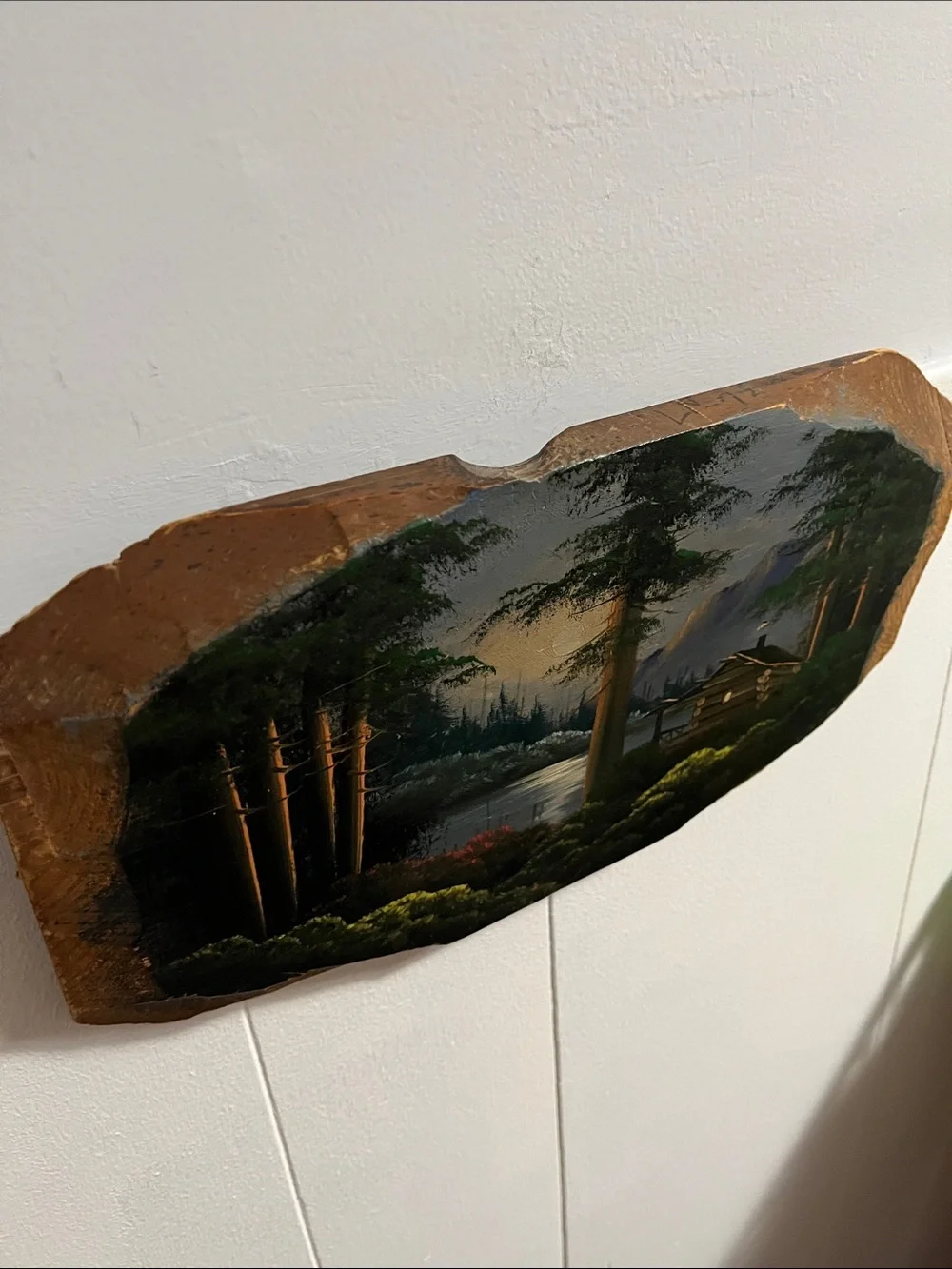 Hand painted wood cabin scene (Joe Breckenridge) possibly wall decor